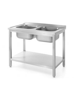 Stôl s 2 drezmi a poličkou – skrutkový, hĺbka 600 mm, HENDI, Kitchen Line, 1000x600x(H)850mm