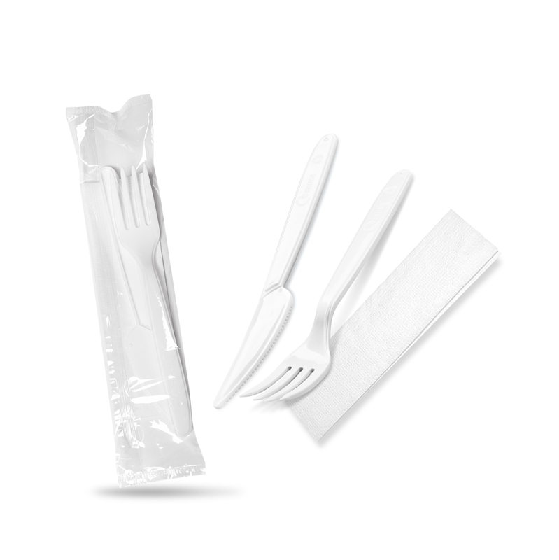 Príborová sada (PP) opakovane použiteľná nôž + vidlička + obrúsok biela [50 sád] – 65023