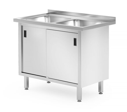 Stôl s 2 drezmi, skrinka – zváraný, s posuvnými dverami, HENDI, Profi Line, 1000x600x(H)850mm