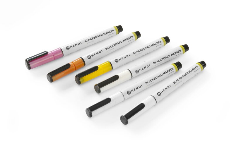 Značkovače na tabuľky – úzky hrot 1 mm, HENDI, 3 biela, 1 ružová, 1 žltá a 1 bronzová značka, 6 ks