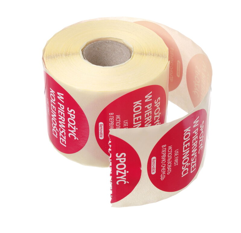 Opakovane použiteľná nálepka pre bezpečnosť potravín – „POUŽITE AKO PRVÉ“, HENDI, Červená, 500 ks, ⌀50mm